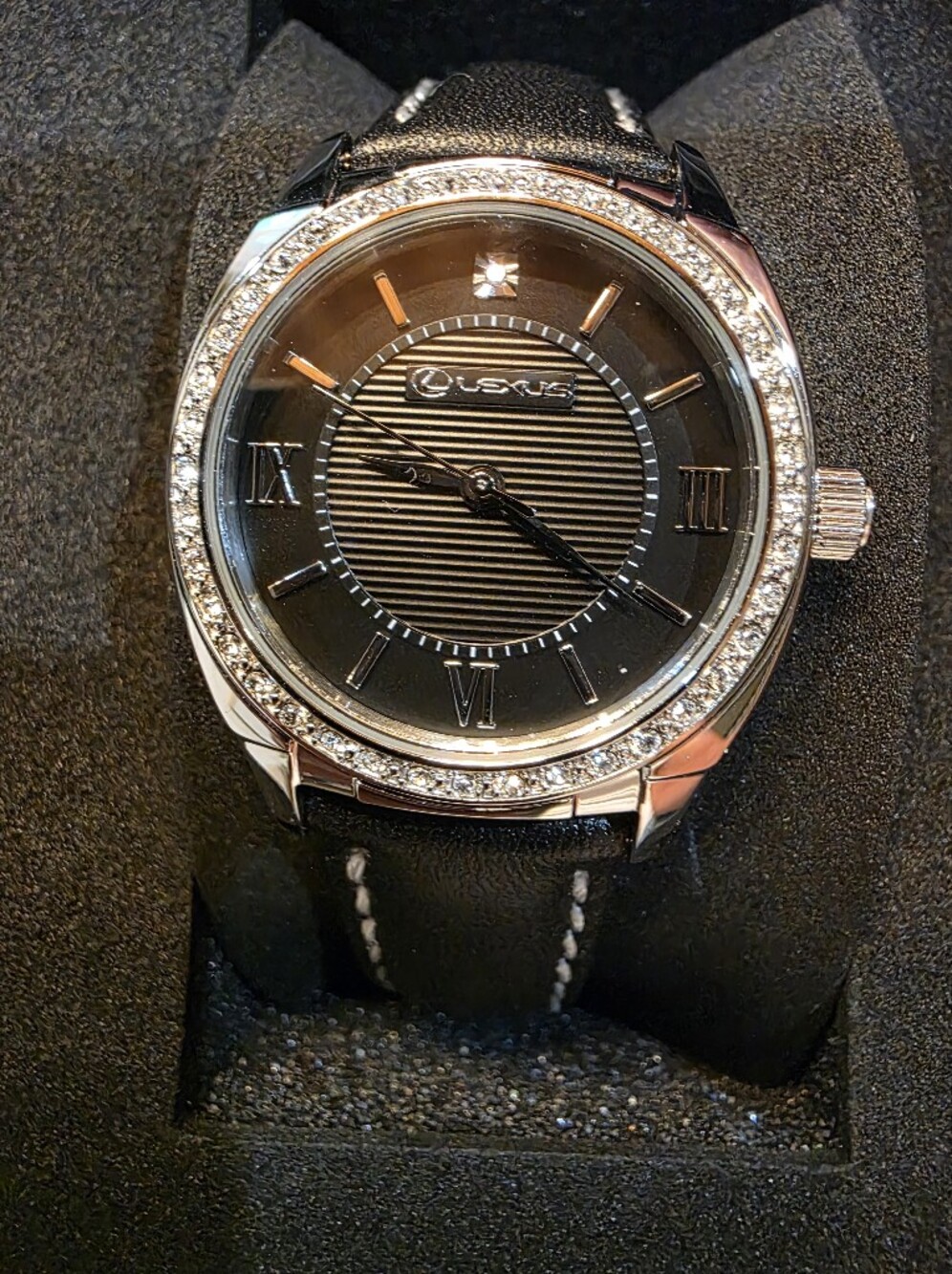 Lexus Black Dial Crystal Bezel Leather Strap Watch